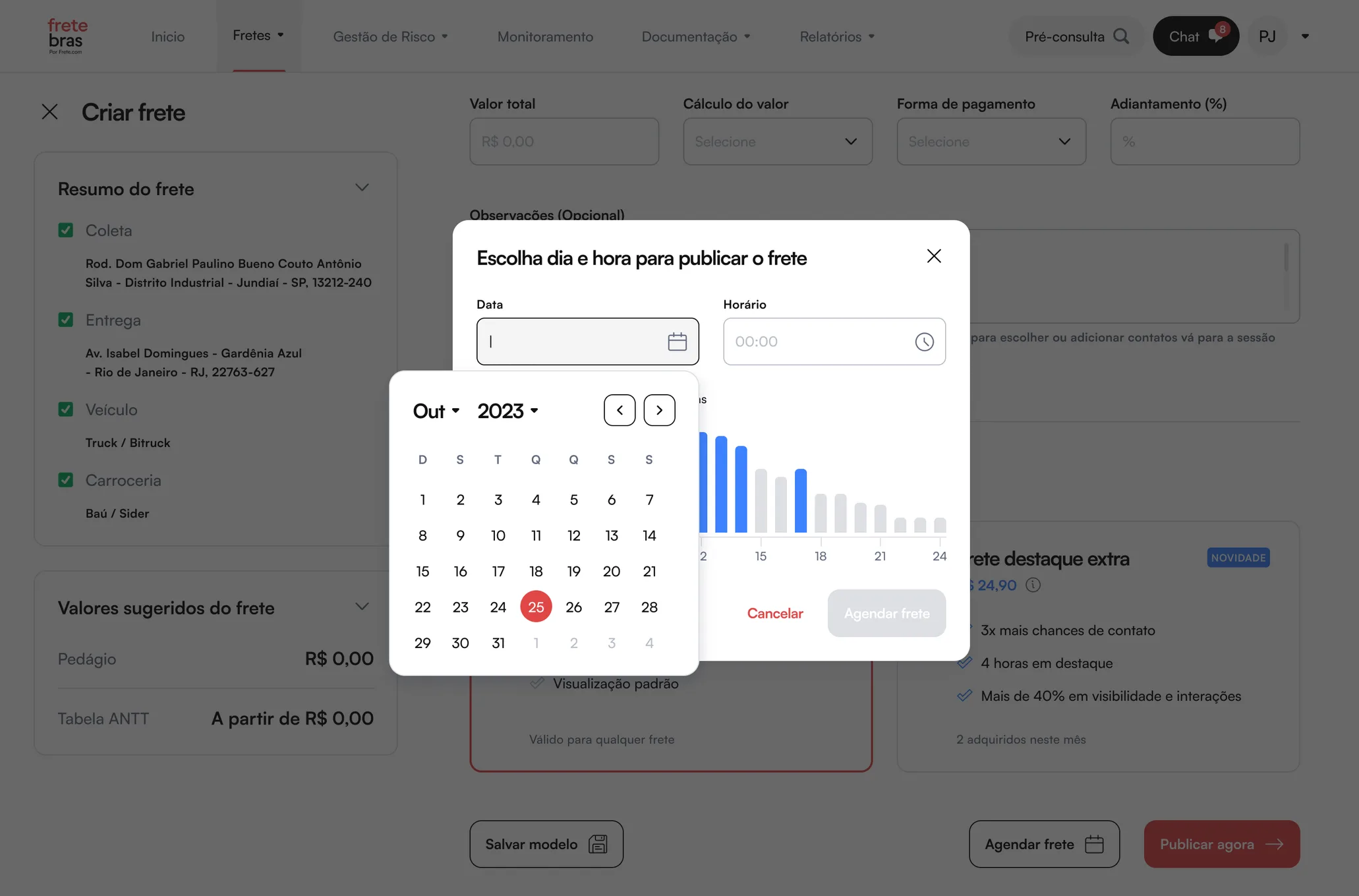 Modal de agendamento aberto sobre a criação de frete, com o calendário escolhendo o dia da publicação