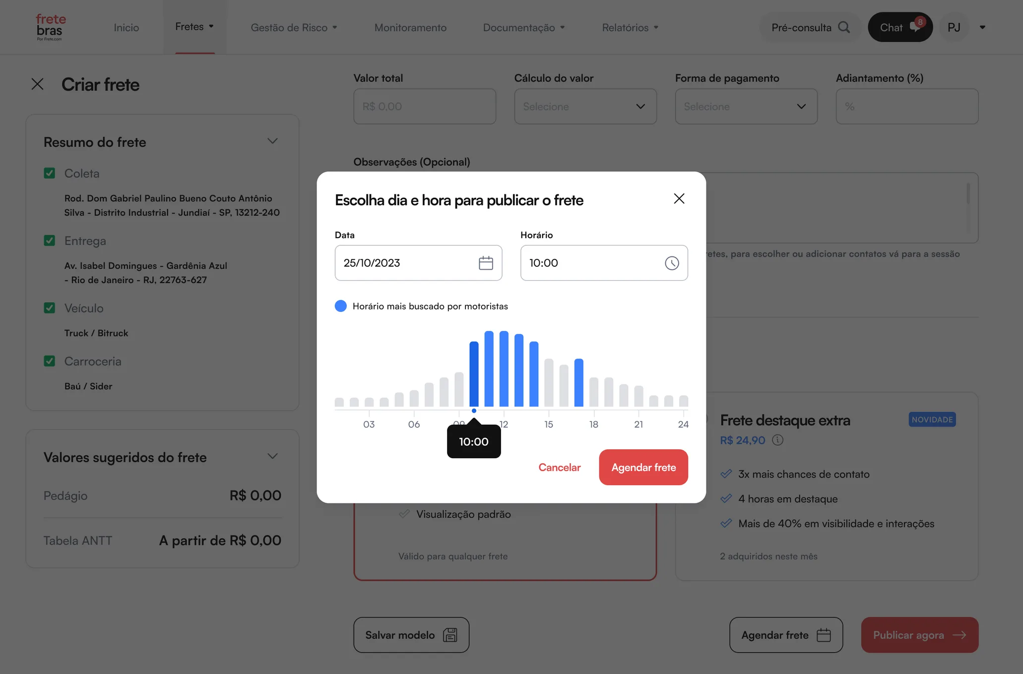 Modal de agendamento com data e hora preenchidas e o gráfico dos horários mais buscados por motoristas, marcando as 10:00