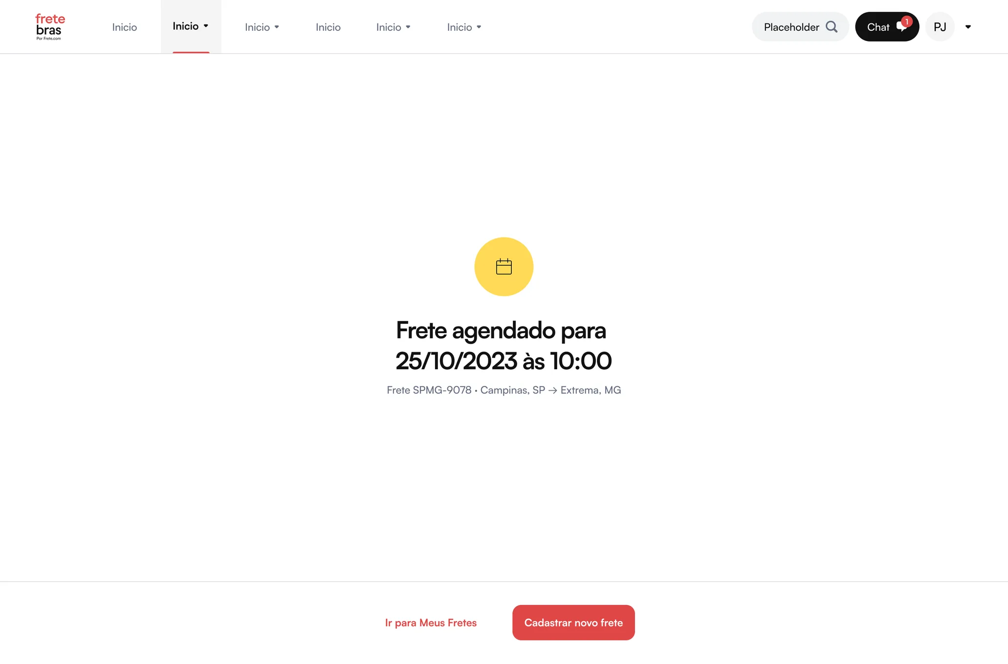 Tela de confirmação do frete agendado, com a data e a hora da publicação e os atalhos para meus fretes e novo cadastro
