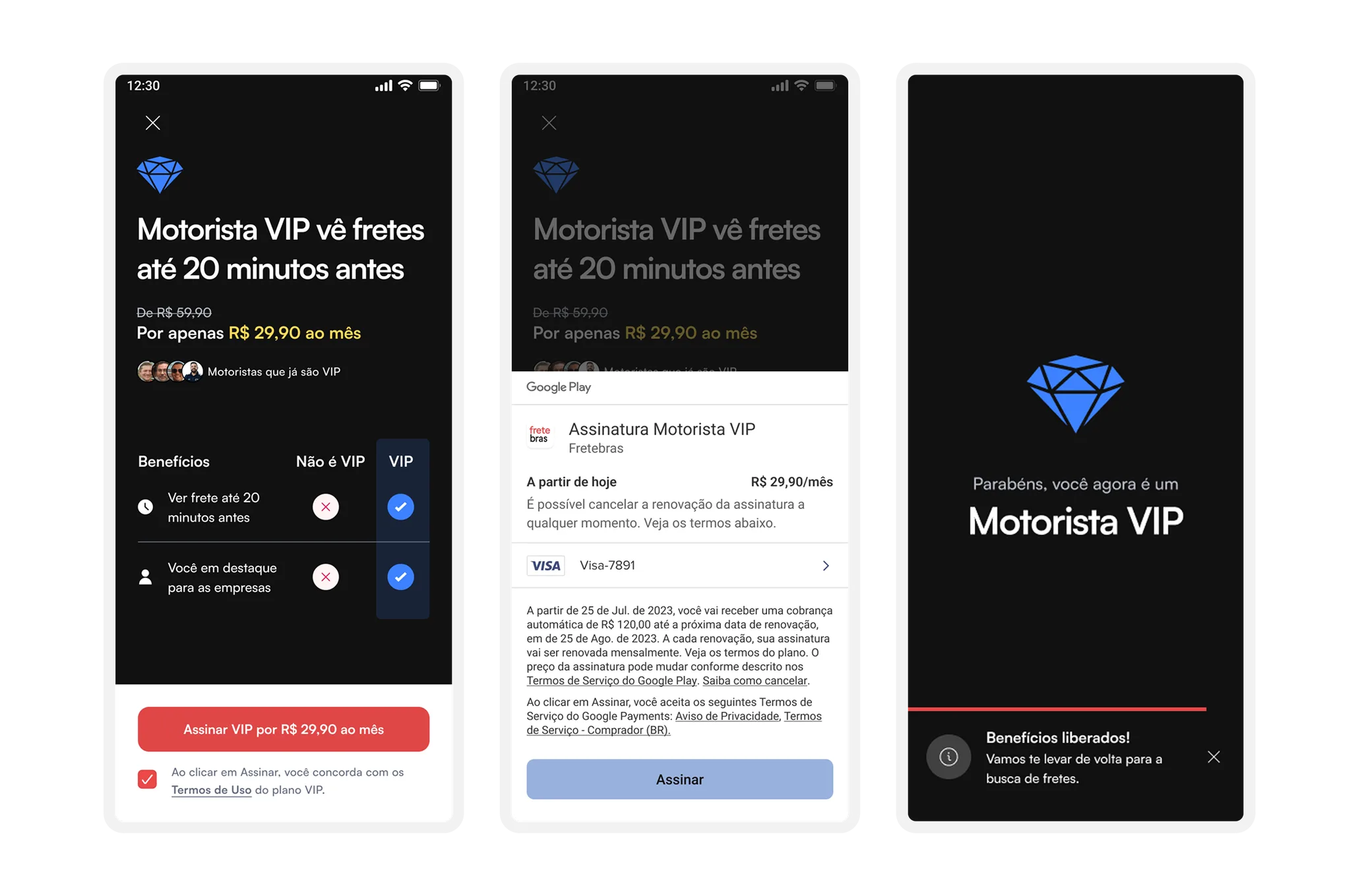 Três telas da assinatura Motorista VIP, da oferta com os benefícios ao checkout e à confirmação de plano ativo