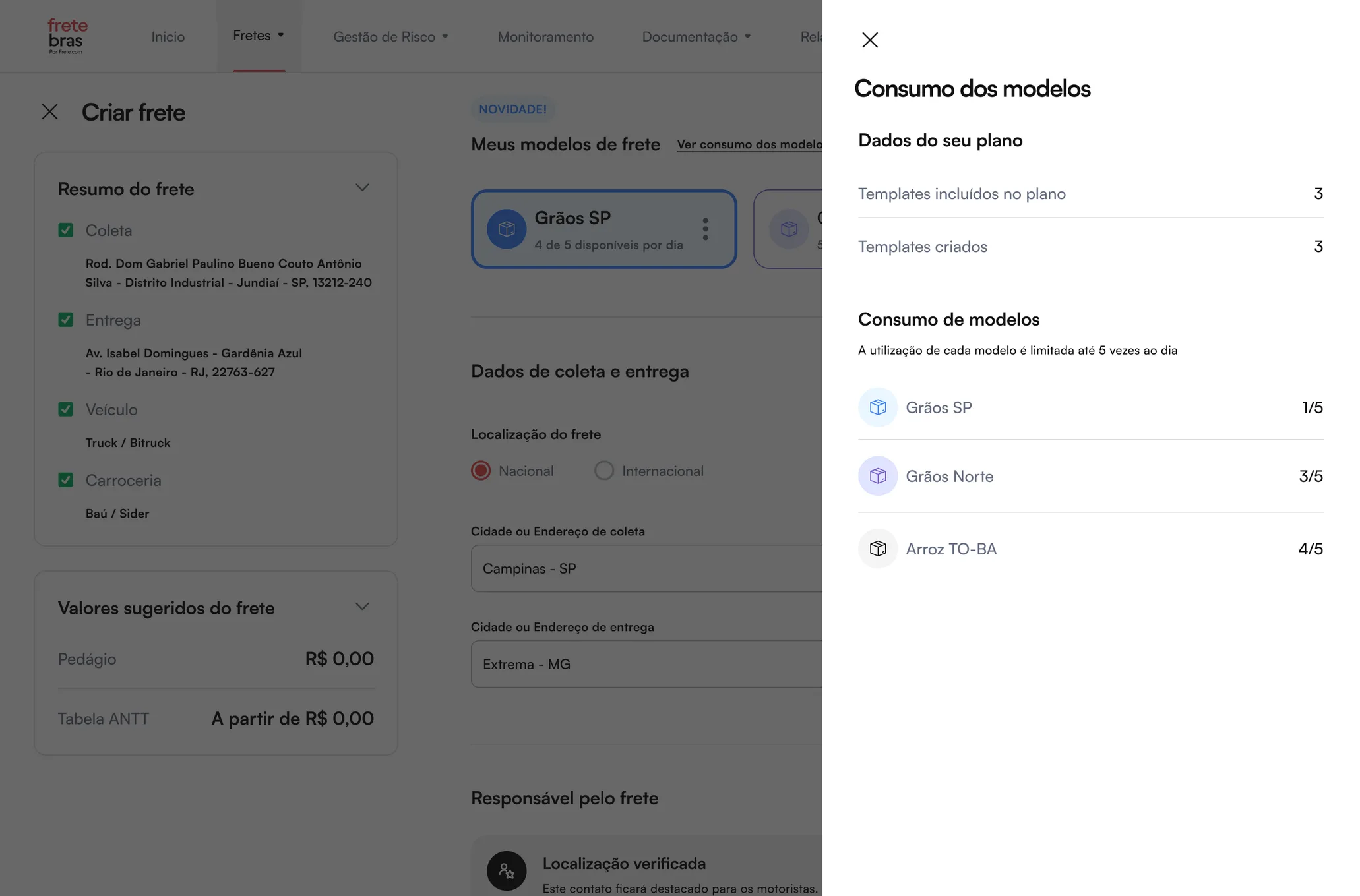 Painel de consumo dos modelos aberto sobre a criação de frete, com o limite diário de uso de cada modelo salvo