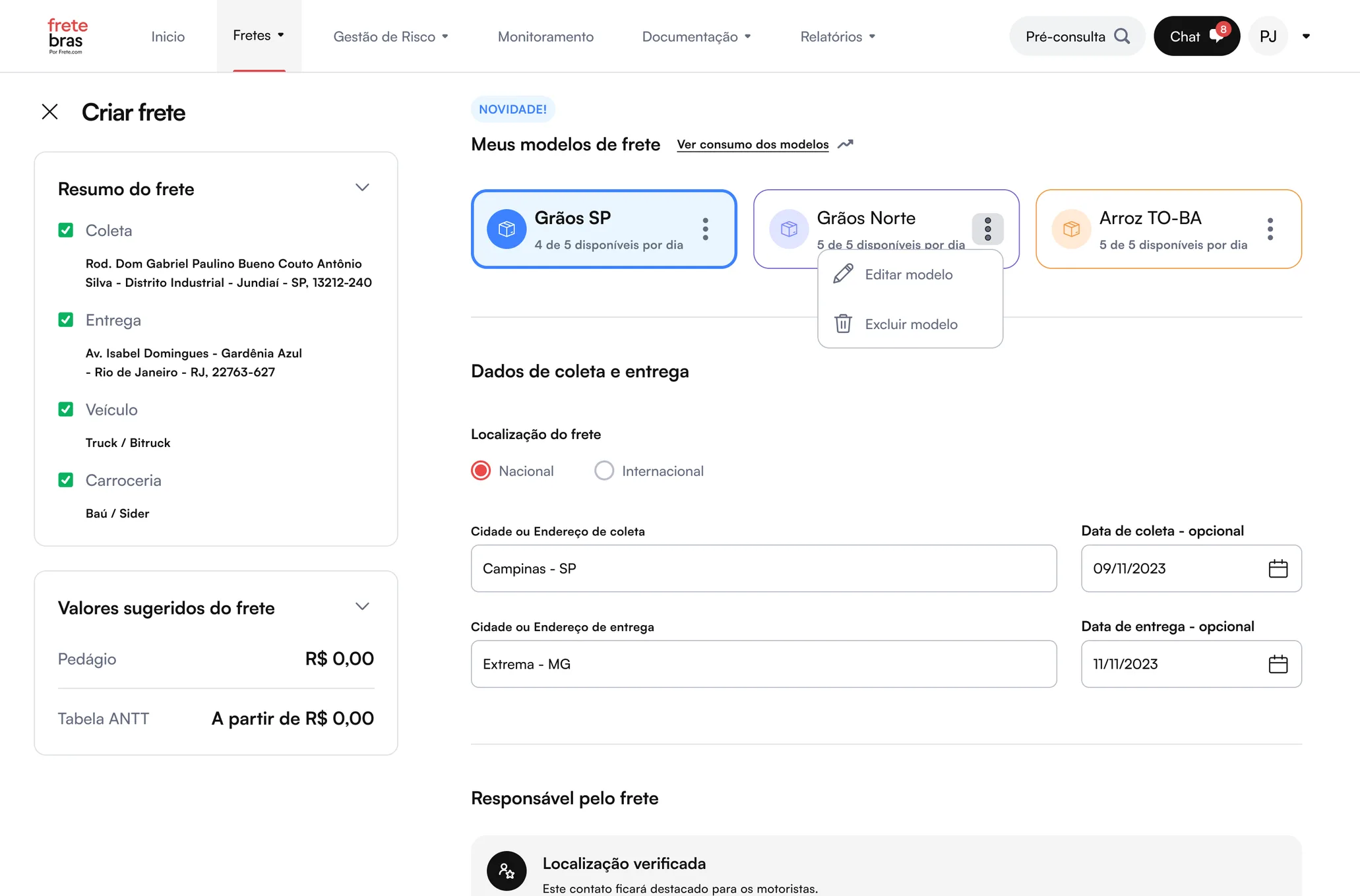 Menu de ações de um modelo de frete aberto, com as opções de editar e excluir