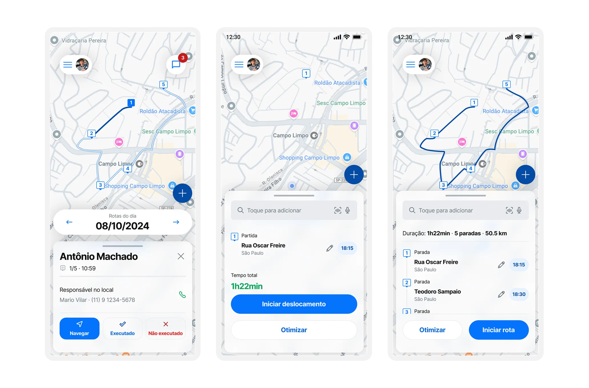 Três telas do app WiseApp, com a rota do dia no mapa, o resumo de tempo e paradas e a lista de paradas já otimizada