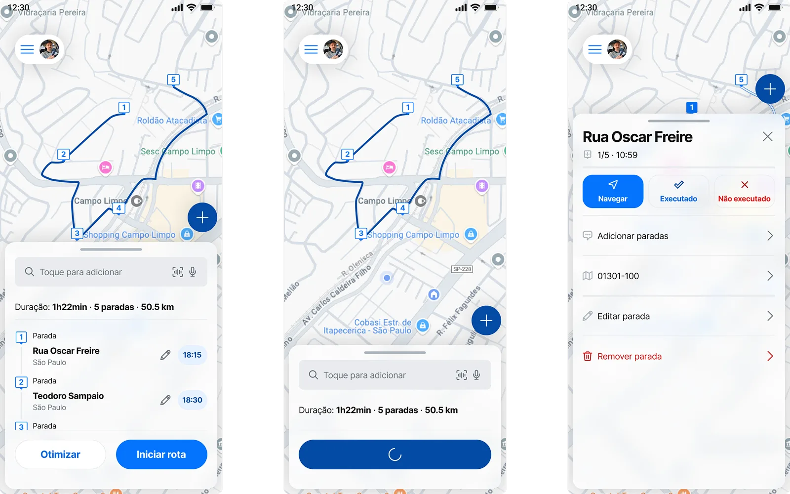 Interface do app em modo claro e escuro para uso em campo