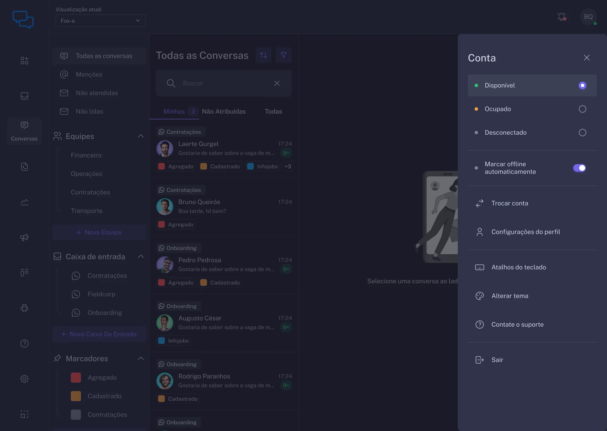 Painel de conta aberto sobre a lista de conversas, com status de disponibilidade e atalhos de configuração